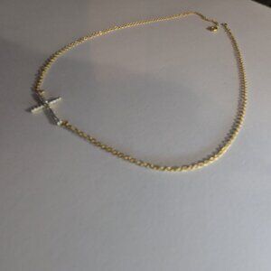 Diamond Chip Necklace Cross Crucifix Sterling Vermeil 17" side to side length